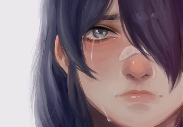 HD wallpaper anime girl black hair sad expression semi realistic  portrait  Wallpaper Flare