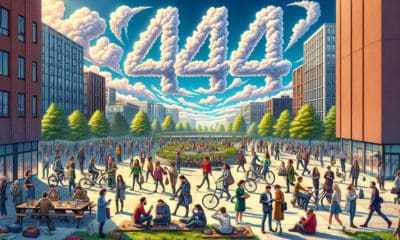 image depicting a diverse group of people engaged in various activities in an urban environment, with the number '444' formed by clouds in the sky above