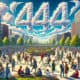 image depicting a diverse group of people engaged in various activities in an urban environment, with the number '444' formed by clouds in the sky above