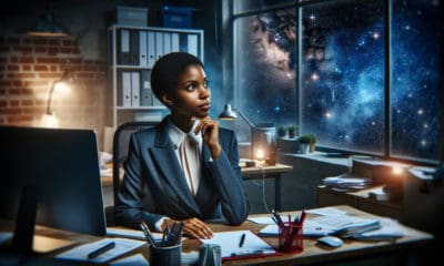 African American woman in corporate attire, sitting in her office while imaginatively gazing into a star-filled night sky, symbolizing her introspection and search for answers beyond the routine of her work environment