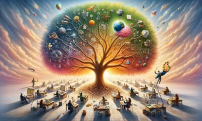 a vibrant tree with branches holding unique symbols of intelligence and creativity, surrounded by individuals engaging in diverse activities